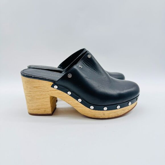 Rebecca Minkoff Shoes Womens 8.5 Black Leather Mules Studded Block Stacked Heel - Picture 1 of 13